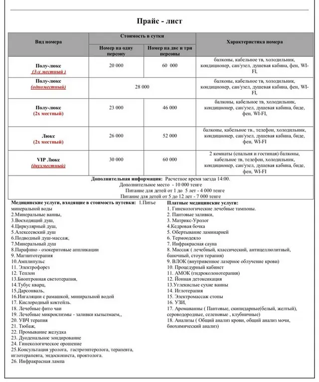 Шипа Су санаторий. Прайс лист